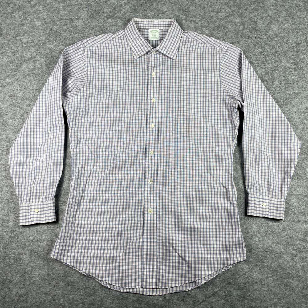 Brooks Brothers Dress Shirt Mens 17-33 Blue Milano Non-Iron Check Supima Preppy